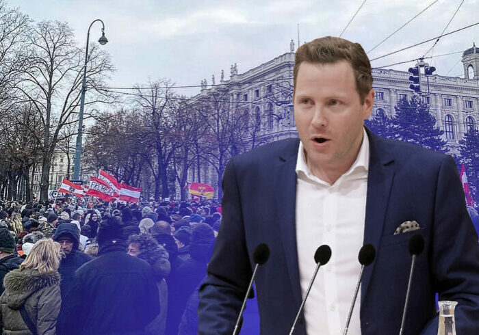 Für FP-Generalsekretär Michael Schnedlitz seien die Identitären eine Art "NGOs für Rechte". Foto: Parlamentsdirektion / Thomas Topf / Hintergrund Faksimile Facebook-Beitrag von Michael Schnedlitz / Grafik: Zur-Sache.at