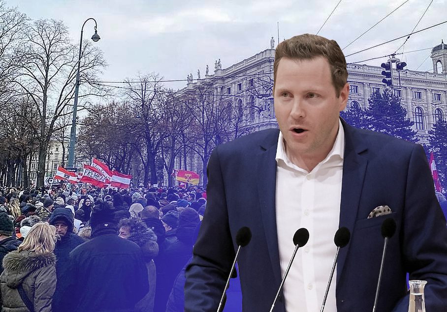 Für FP-Generalsekretär Michael Schnedlitz seien die Identitären eine Art "NGOs für Rechte". Foto: Parlamentsdirektion / Thomas Topf / Hintergrund Faksimile Facebook-Beitrag von Michael Schnedlitz / Grafik: Zur-Sache.at