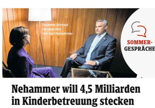 Kanzler Nehammer kündigte Ausbau deer Kinderbetreuung an, erste Schritte gesetzt. ( Screenshot Kleine Zeitung)