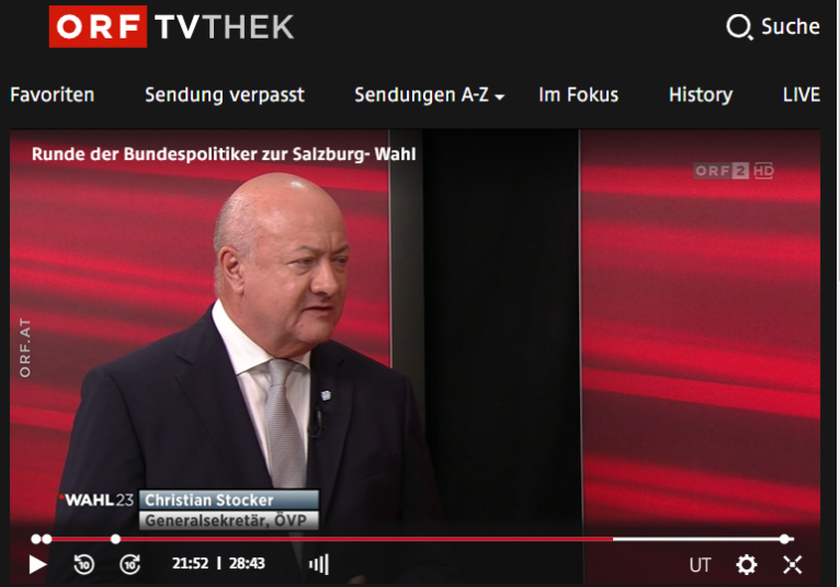 Die Gesetzgebungsperiode dauert fünf Jahre und die Bundesregierung will sie zu Ende führen: ÖVP-Generalsekretär Christian Stocker im ORF-Interview nach der Salzburger Landtagswahl. Bild: ORF/Screenshot