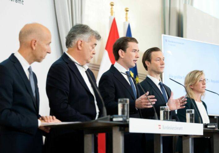 Die Regierung bei der Vorstellung der Ökosozialen Steuerreform. Foto: BKA/ Christopher Dunker