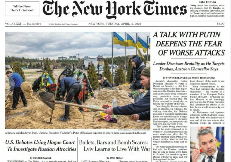 Karl Nehammers Treffen mit Wladimier Putin löste großes Medieninteresse aus. Die New York Times berichtete darüber auf ihrer Titelseite. Foto: Screenshot / NYT