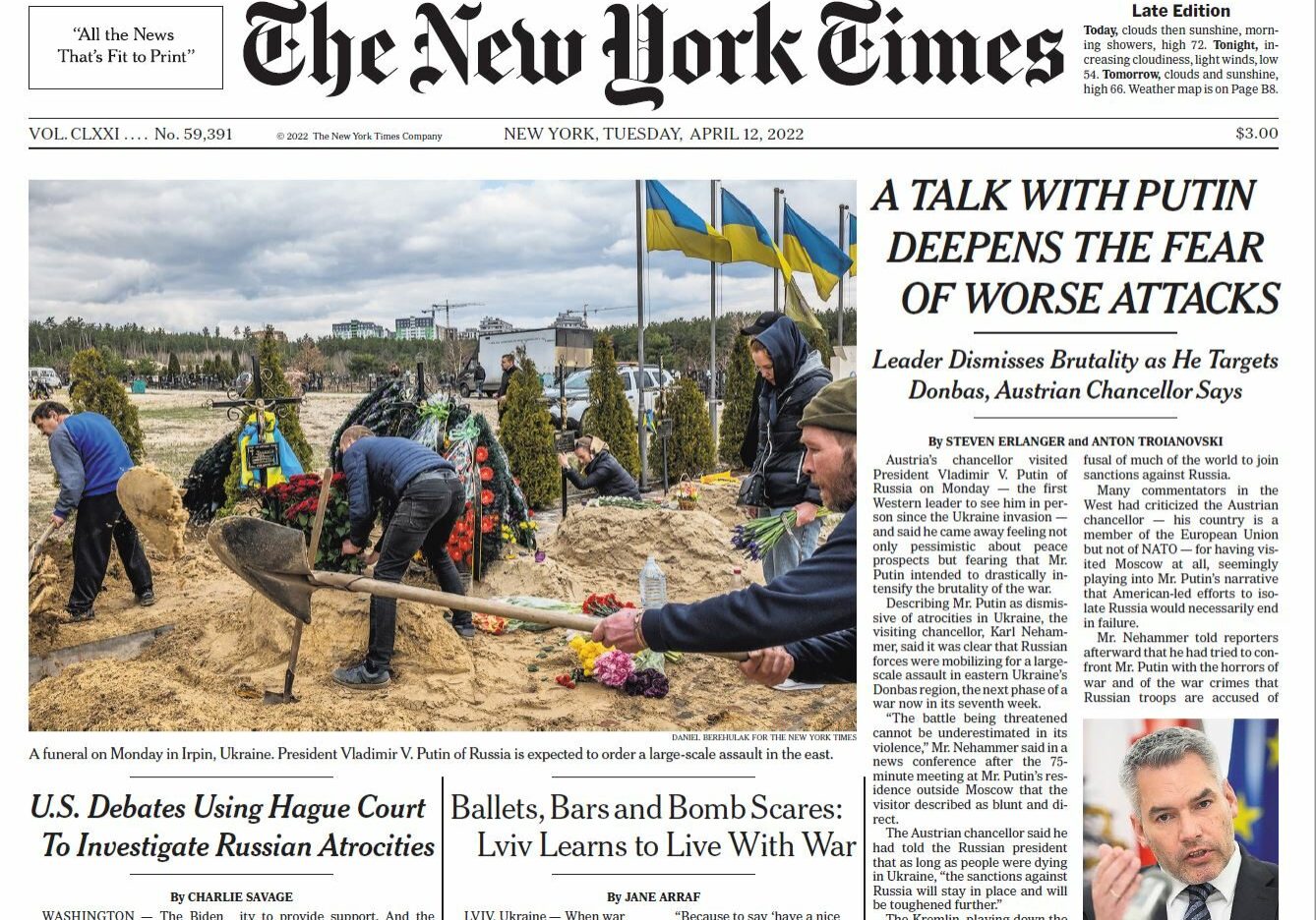 Karl Nehammers Treffen mit Wladimier Putin löste großes Medieninteresse aus. Die New York Times berichtete darüber auf ihrer Titelseite. Foto: Screenshot / NYT
