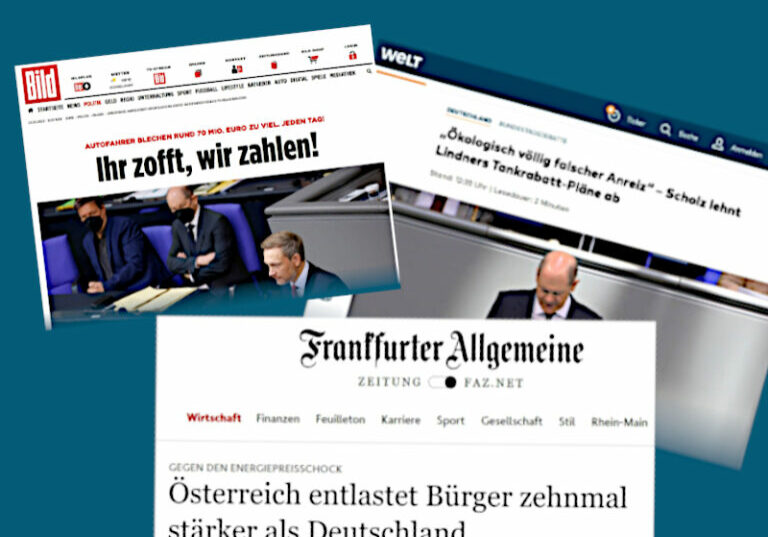 SPD, Grüne und FDP können sich auf keine Entlastungen einigen. Faksimile: bild.de, welt.de, faz.net