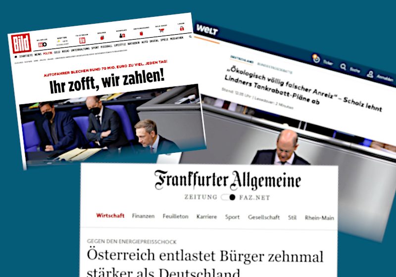 SPD, Grüne und FDP können sich auf keine Entlastungen einigen. Faksimile: bild.de, welt.de, faz.net