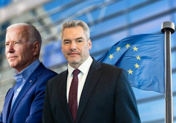 US-Präsident Joe Biden und Bundeskanzler Karl Nehammer treffen sich beim EU-Gipfel in Brüssel. Fotos: BKA / Florian Schrötter / Facebook Joe Biden / iStock artJazz