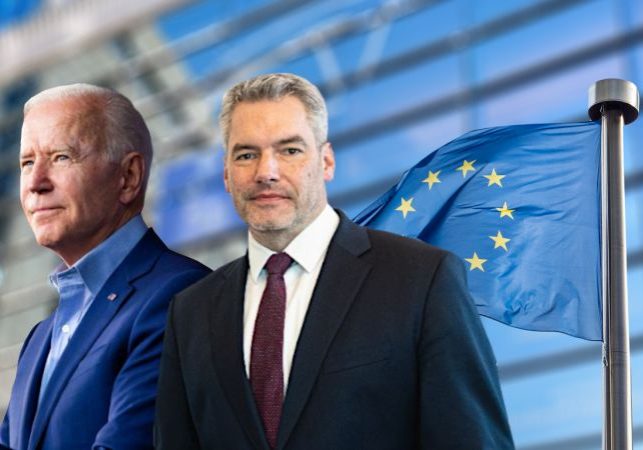 US-Präsident Joe Biden und Bundeskanzler Karl Nehammer treffen sich beim EU-Gipfel in Brüssel. Fotos: BKA / Florian Schrötter / Facebook Joe Biden / iStock artJazz