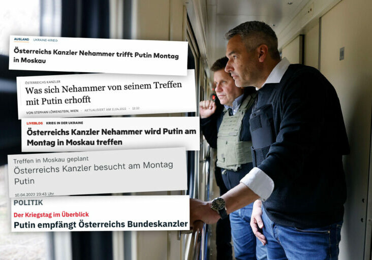 Deutsche Medien über die Reise von Bundeskanzler Karl Nehammer nach Moskau. Foto: BKA/Dragan Tatic Screenshots: n-tv, Welt, Stern, ZDF, FAZ